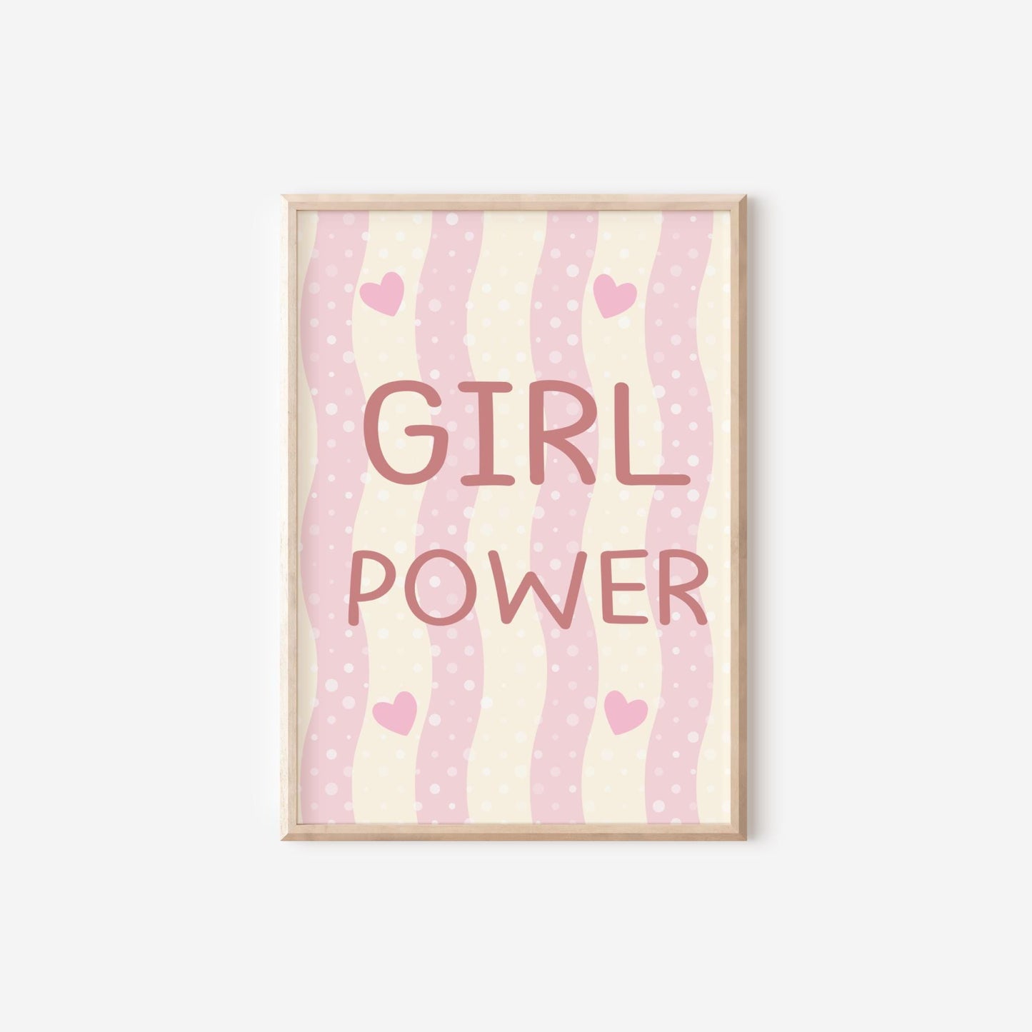 girl power pink heart striped girls wall print for nursey, playroom or bedroom