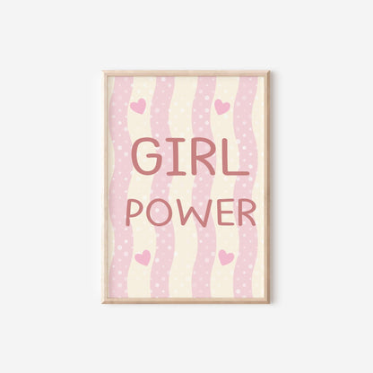 girl power pink heart striped girls wall print for nursey, playroom or bedroom