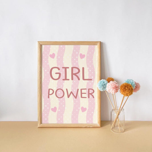 girl power pink heart striped girls wall print for nursey, playroom or bedroom