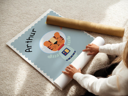 boys personalised space themed tiger astronaut wall print for bedroom or nursery