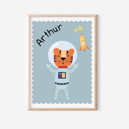 boys personalised space themed tiger astronaut wall print for bedroom or nursery