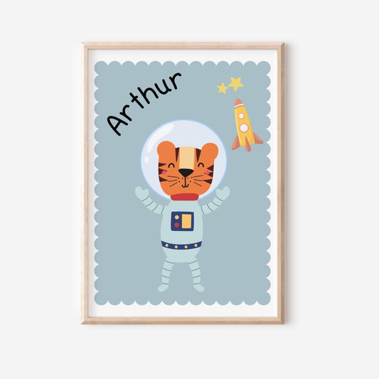 boys personalised space themed tiger astronaut wall print for bedroom or nursery