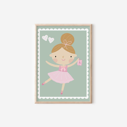 Ballerina Nursery Print: Floral Hearts, Scallop Border, Girls Bedroom