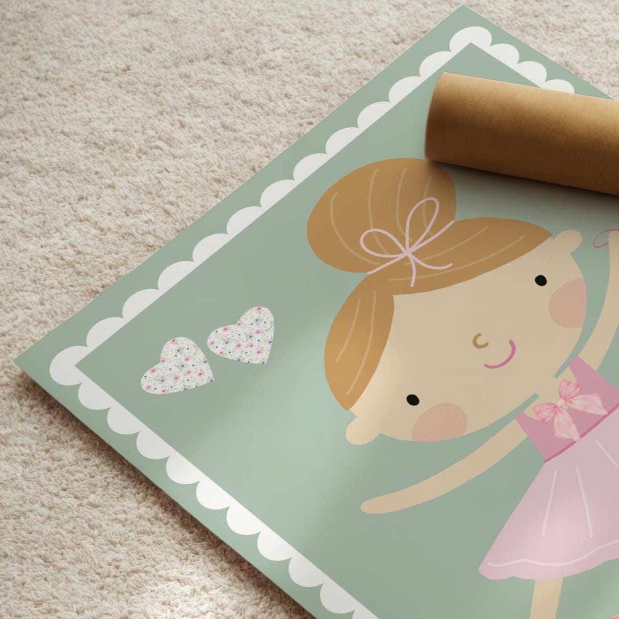 Ballerina Nursery Print: Floral Hearts, Scallop Border, Girls Bedroom