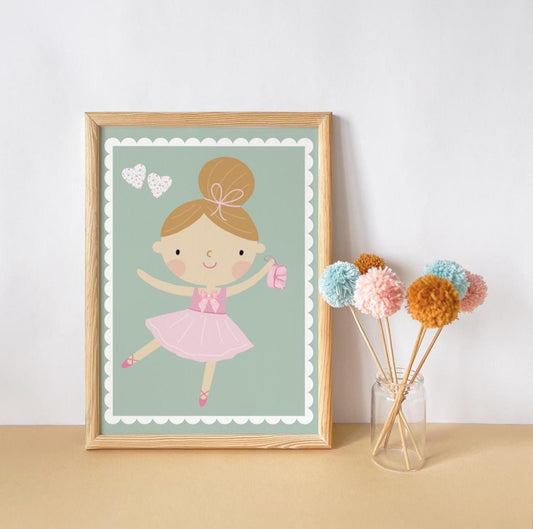 Ballerina Nursery Print: Floral Hearts, Scallop Border, Girls Bedroom