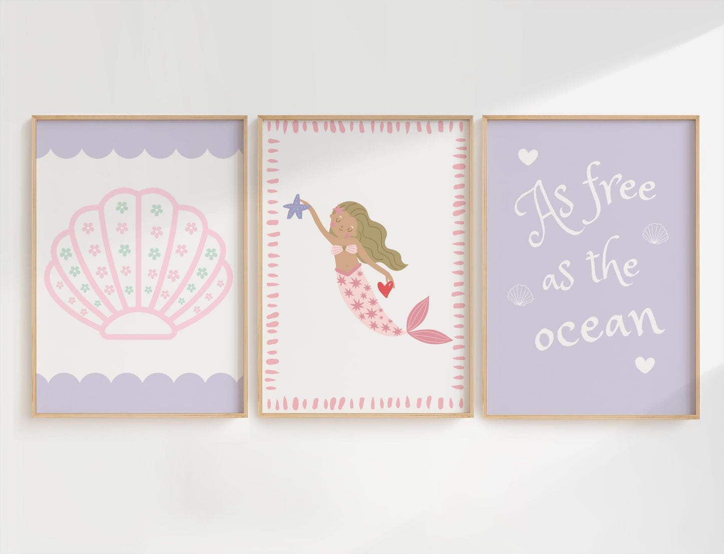 as free as the ocean mermaid and shells print set for girls bedroom or nursery