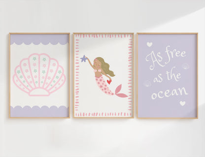 as free as the ocean mermaid and shells print set for girls bedroom or nursery