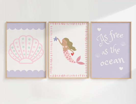 as free as the ocean mermaid and shells print set for girls bedroom or nursery