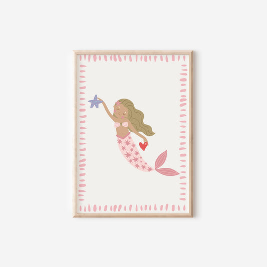 scandi mermaid with shell and heart for girls bedroom, nursery or playroom