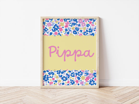 girls floral personalised name wall print for girls bedroom, playroom or nursery