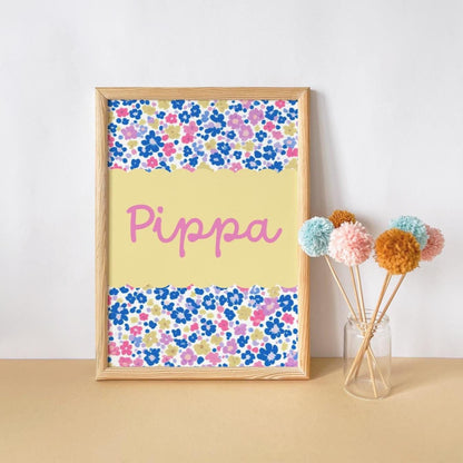 girls floral personalised name wall print for girls bedroom, playroom or nursery