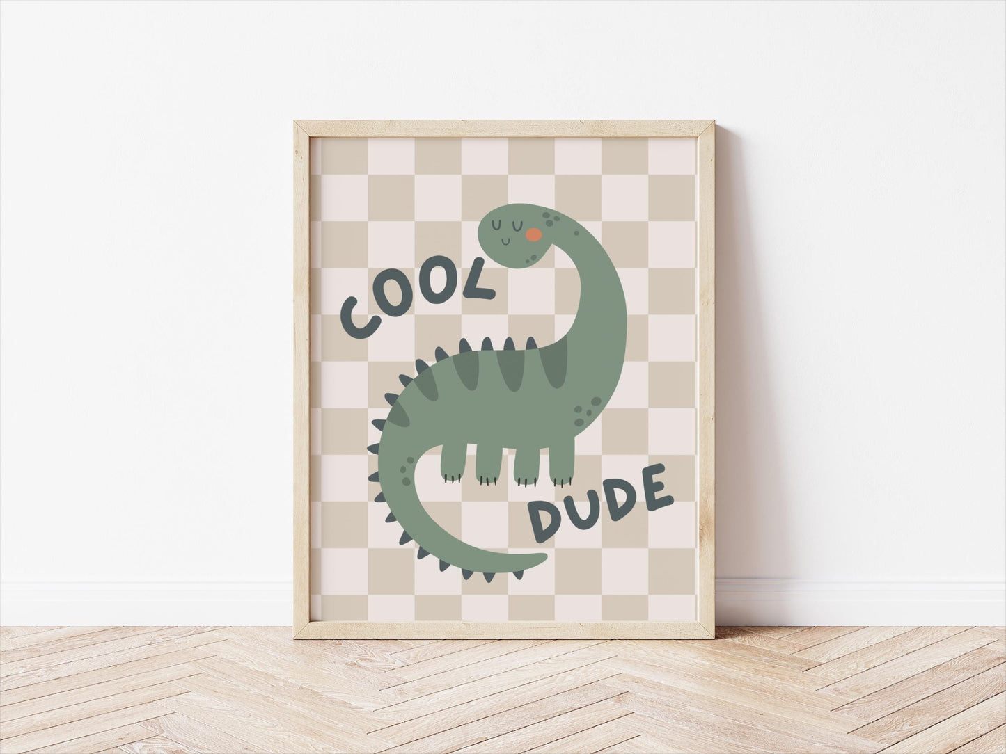 neutral checkered scandi dinosaur wall print for childrens bedroom, nursery or playroom
