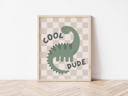 neutral checkered scandi dinosaur wall print for childrens bedroom, nursery or playroom