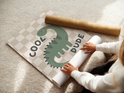 neutral checkered scandi dinosaur wall print for childrens bedroom, nursery or playroom