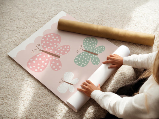 girls pink scallop butterfly print for bedroom, nursery or playroom