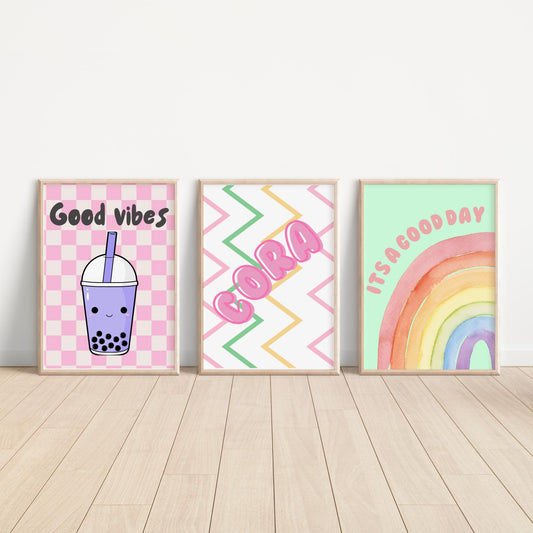 personalised girls retro wall print set for childrens bedroom or playroom, bubble tea art