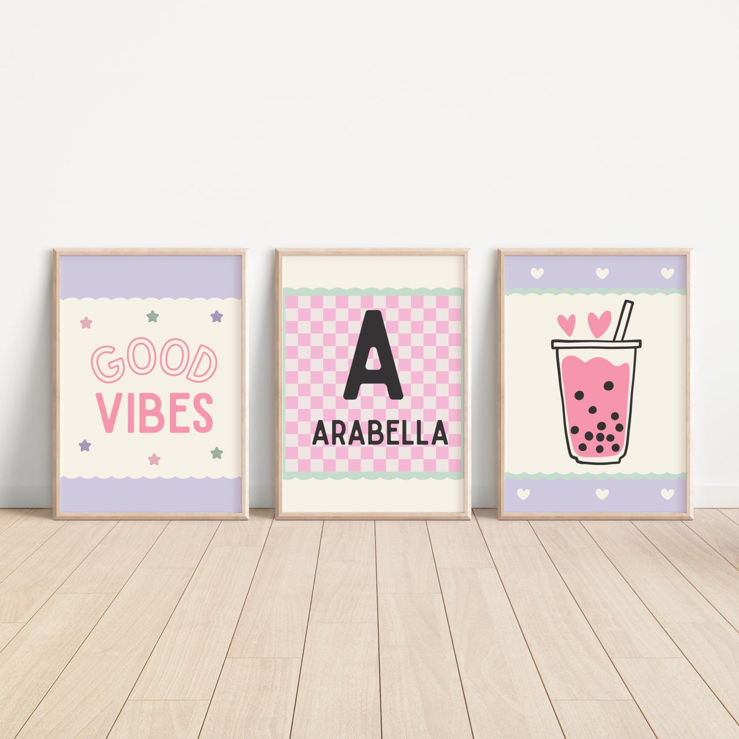 Good vibes girls bubble tea reto personalised name print set for a childrens bedroom