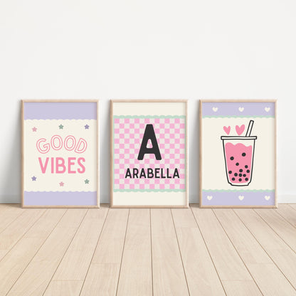 Good vibes girls bubble tea reto personalised name print set for a childrens bedroom