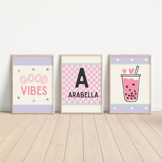 Good vibes girls bubble tea reto personalised name print set for a childrens bedroom