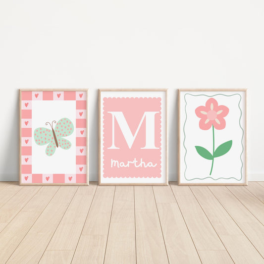 Personalised Floral Butterfly Girl's Nursery Prints: Bedroom Playroom Decor