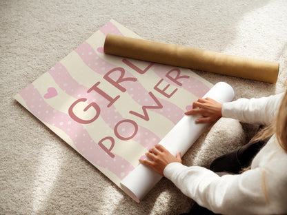 girl power pink heart striped girls wall print for nursey, playroom or bedroom