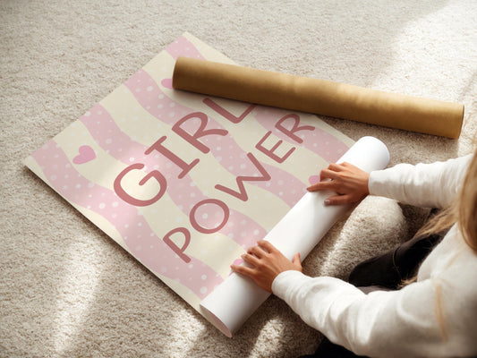 girl power pink heart striped girls wall print for nursey, playroom or bedroom