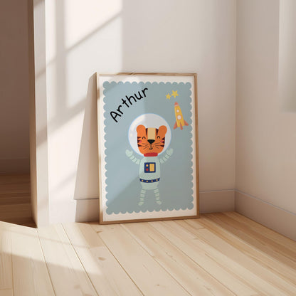 boys personalised space themed tiger astronaut wall print for bedroom or nursery