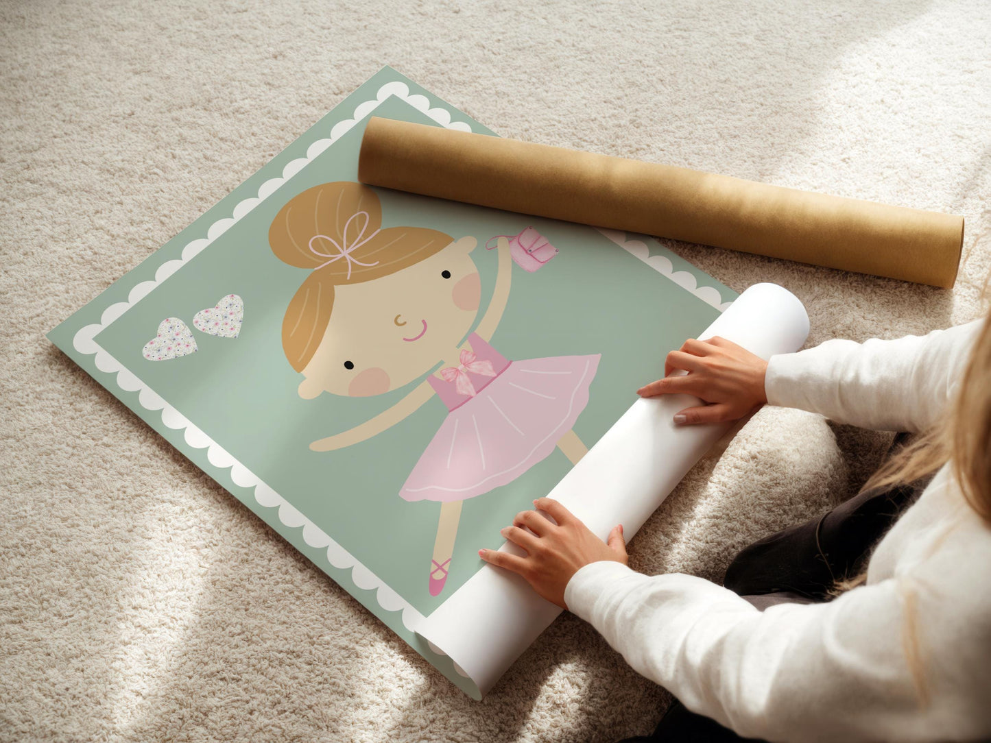 Ballerina Nursery Print: Floral Hearts, Scallop Border, Girls Bedroom