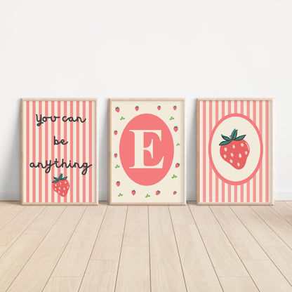 girls strawberry themed personalised name wall print set for bedroom or nursery