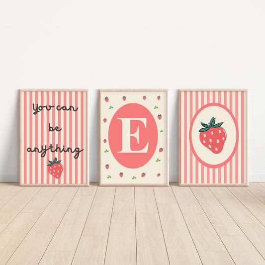 girls strawberry themed personalised name wall print set for bedroom or nursery