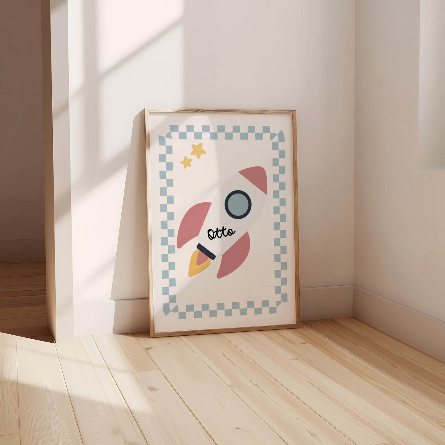 personalised boho space wall print for boys bedroom, nursery or playroom