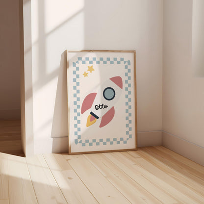 personalised boho space wall print for boys bedroom, nursery or playroom