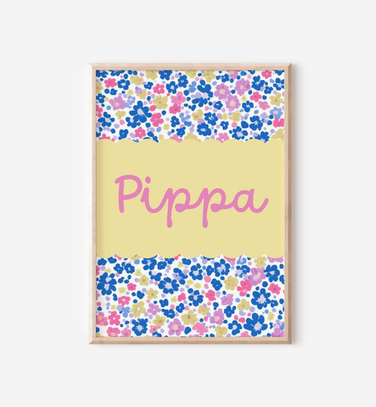 girls floral personalised name wall print for girls bedroom, playroom or nursery