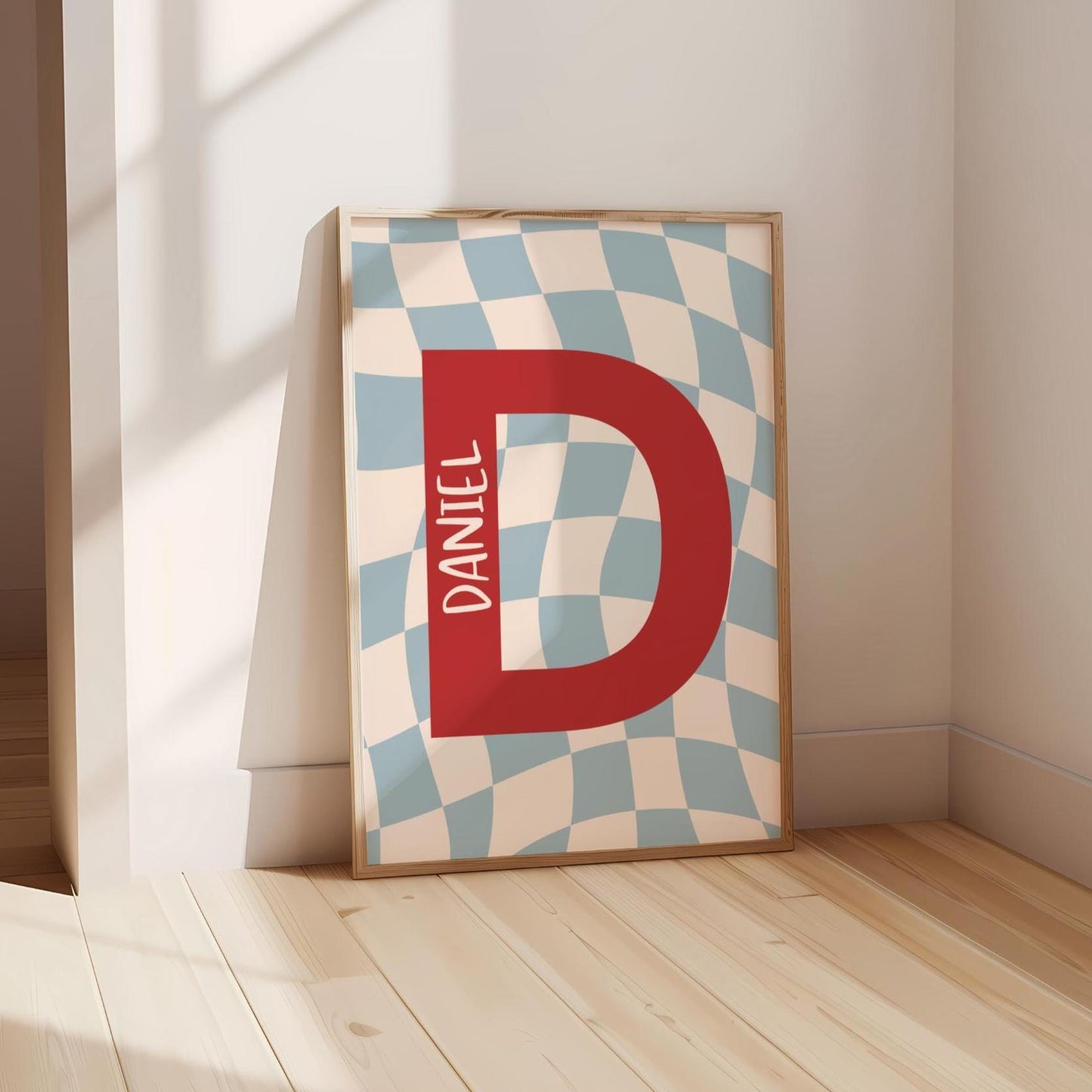 personalised initial wall print checkerboard retro style for childrens bedroom or nursery