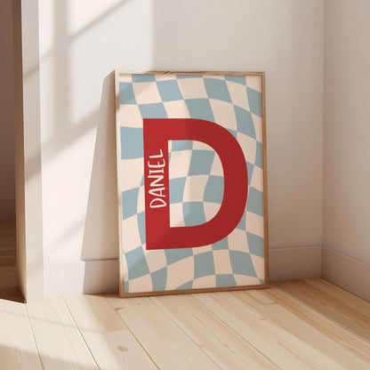 personalised initial wall print checkerboard retro style for childrens bedroom or nursery