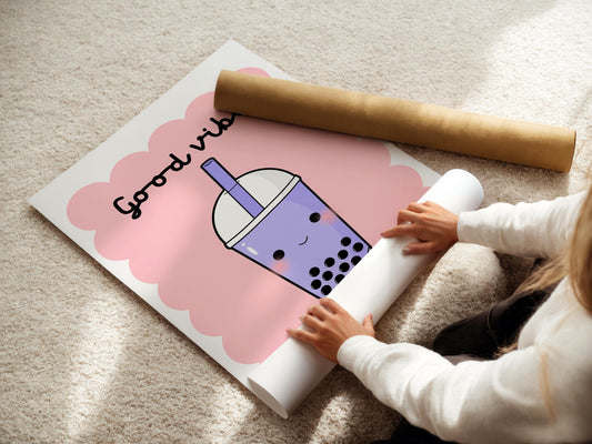 Good Vibes Retro Wall Art Print: Boba Tea, Tween Girl Decor