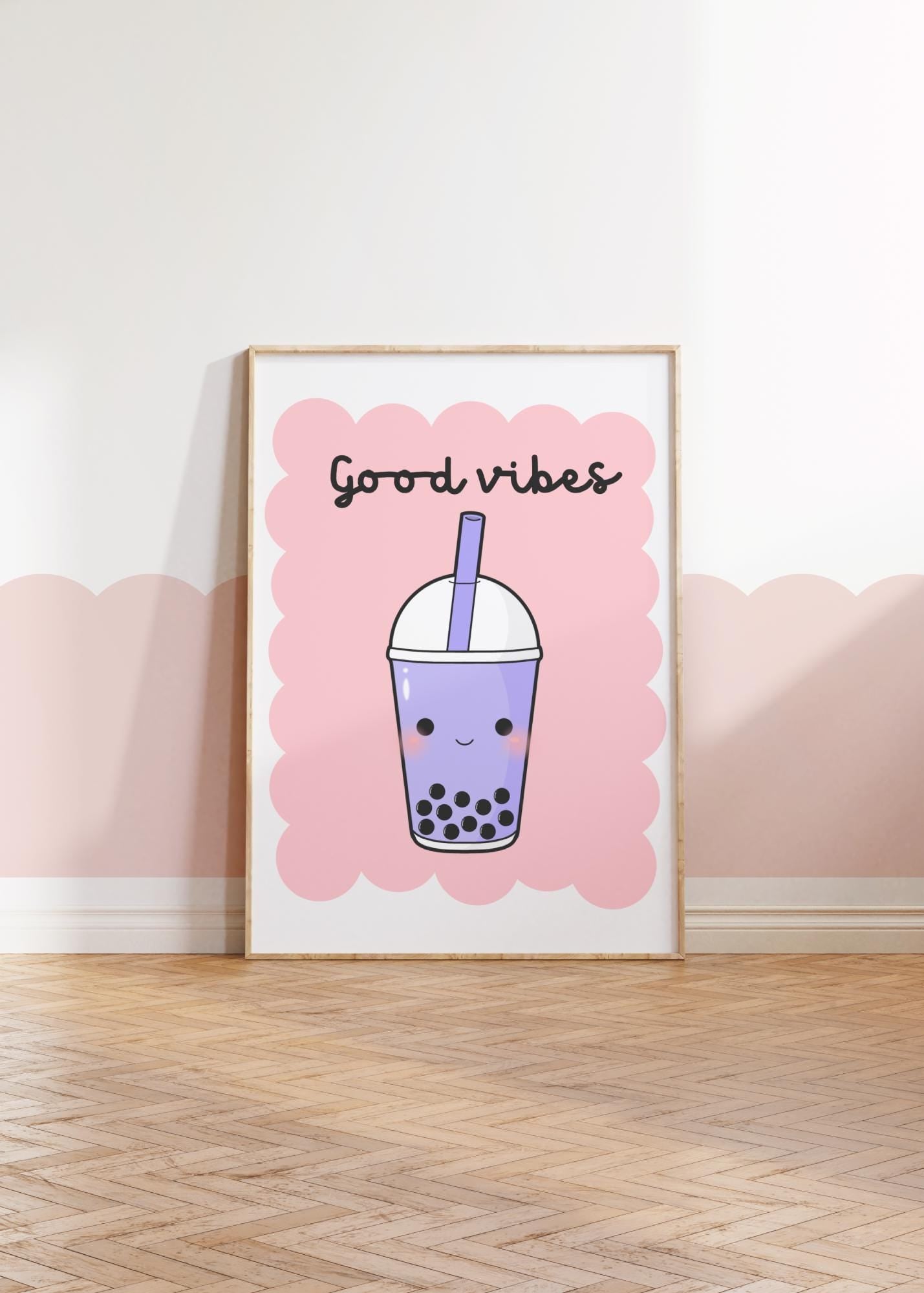 Good Vibes Retro Wall Art Print: Boba Tea, Tween Girl Decor