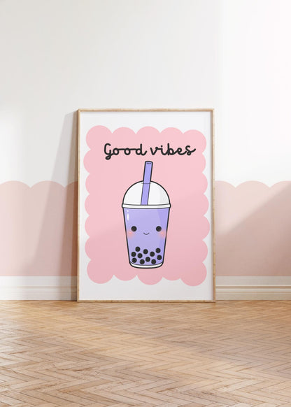 Good Vibes Retro Wall Art Print: Boba Tea, Tween Girl Decor