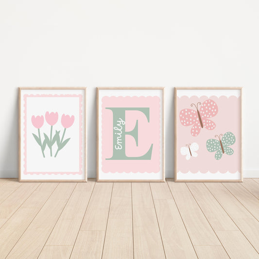 girls personalised floral butterfly scallop border print set for bedroom or nursery