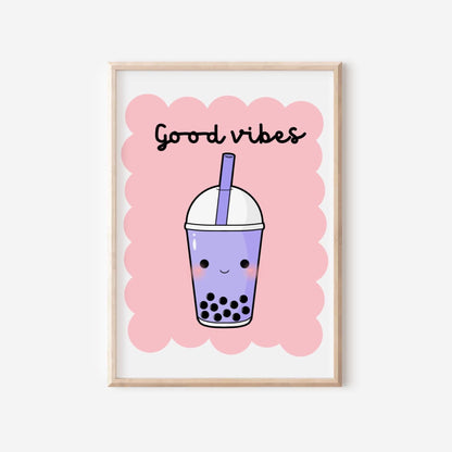 Good Vibes Retro Wall Art Print: Boba Tea, Tween Girl Decor