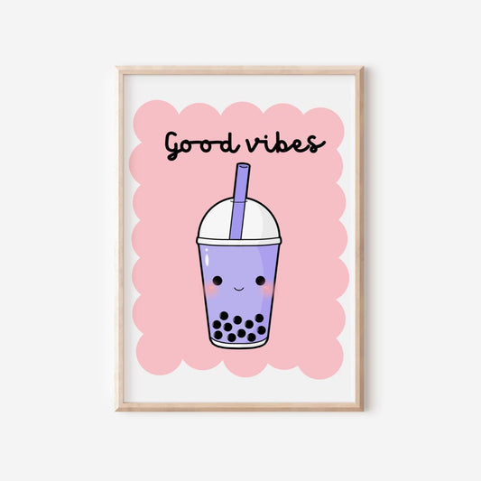 Good Vibes Retro Wall Art Print: Boba Tea, Tween Girl Decor
