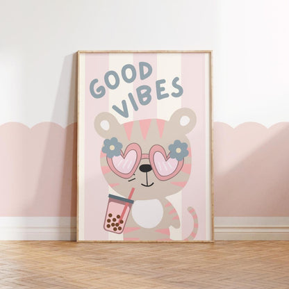 Retro Tiger Bubble Tea Print: Good Vibes Nursery Wall Art