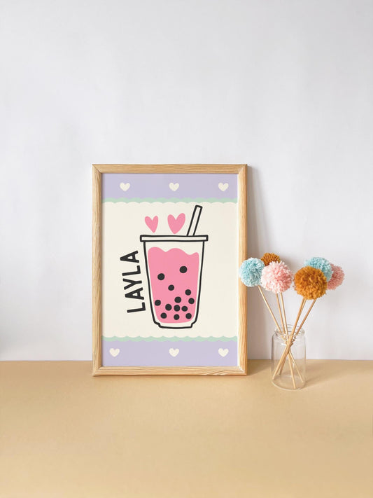 Personalized Bubble Tea Print: Retro Boho Wall Art for Girls