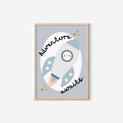 adventure awaits rocket space wall print for girl or boys bedroom, nursery or playroom