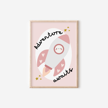 adventure awaits rocket space wall print for girl or boys bedroom, nursery or playroom