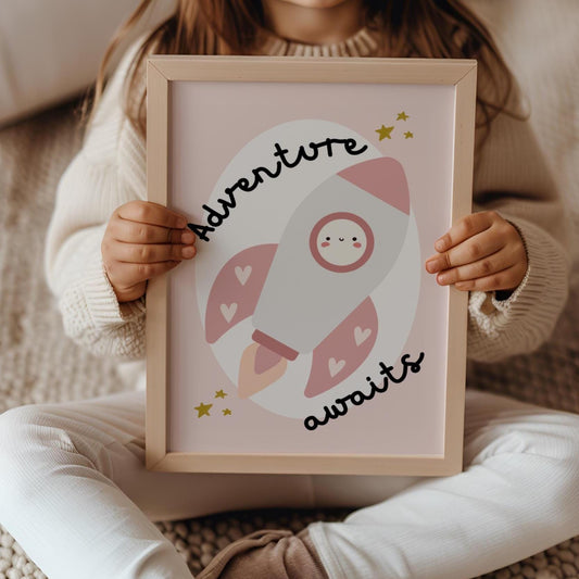 adventure awaits rocket space wall print for girl or boys bedroom, nursery or playroom