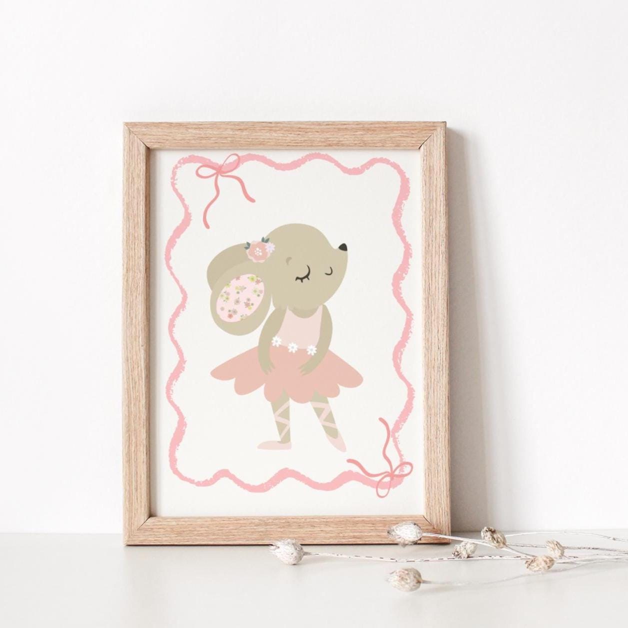 bunny ballerina print, dance wall art, girls nursery, childrens room, pink wall decor, baby girl wall print