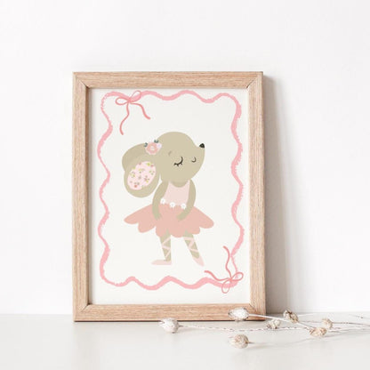 bunny ballerina print, dance wall art, girls nursery, childrens room, pink wall decor, baby girl wall print