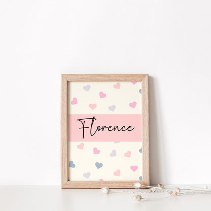 personalised cute girly heart print for girls bedroom, playroom or nursery