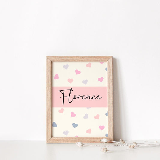 personalised cute girly heart print for girls bedroom, playroom or nursery